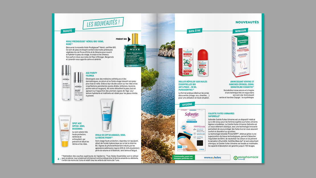 E.Leclerc Galec / Mise en page intérieure du magazine parapharmacie avec intégration des produits