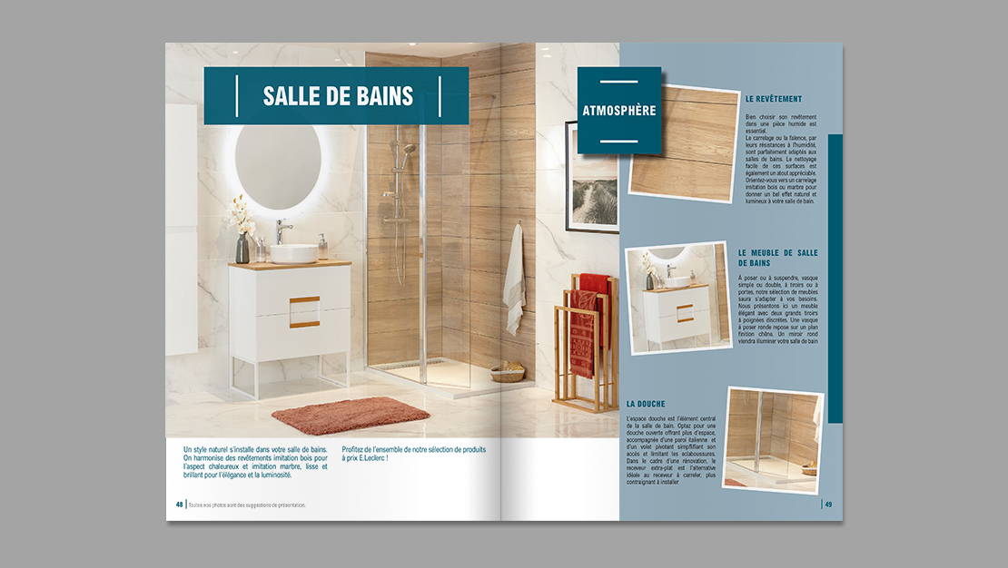 E.Leclerc Galec / Mise en page Salle de Bains du magazine Brico Leclerc avec intégration des prises de vue.